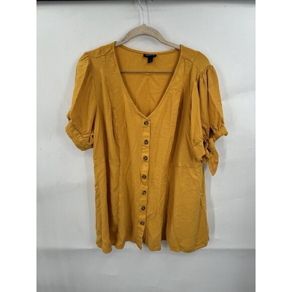 Torrid Top Women 2X Yellow Slub Button Up Tie Sleeve Boho Western Farmhouse - Picture 2 of 11